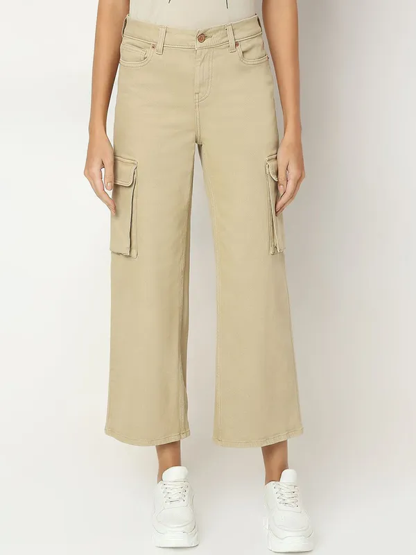 VERO MODA solid beige high rise denim jeans