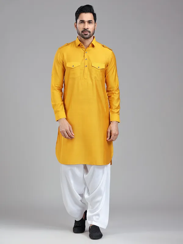 Vibrant energetic mustard yellow mens pathani kurta suit