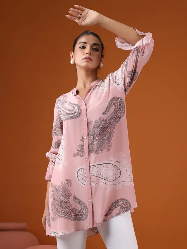 Vibrant light pink silk printed top