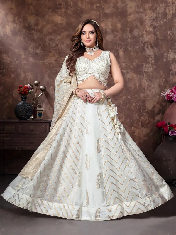 Vibrant off white silk lehenga choli