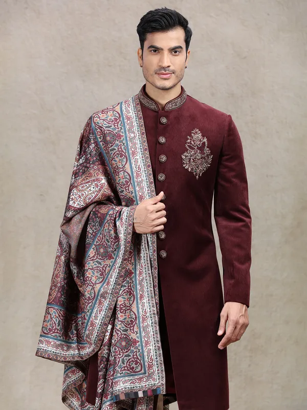 Vintage maroon velvet sherwani in embroidery patch work