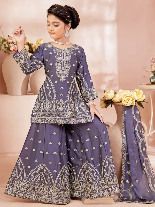 Violet silk pakistani palazzo suit with embroidery