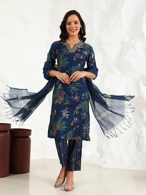 W cotton navy printed kurti set