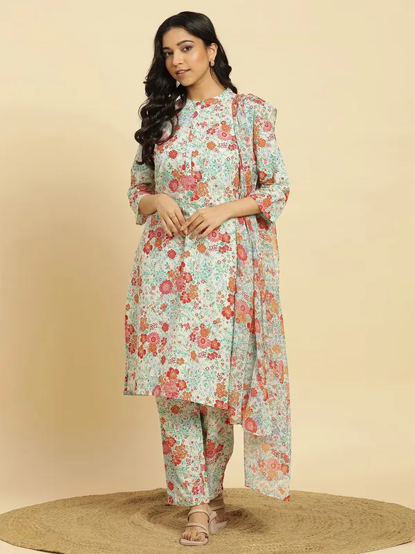 W off-white cotton printed kurti set