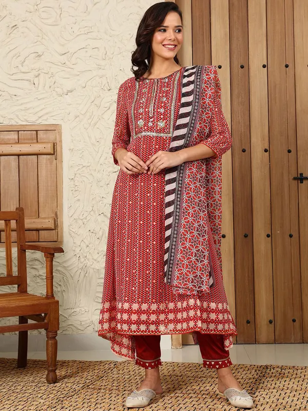 W red cotton printed kurti set