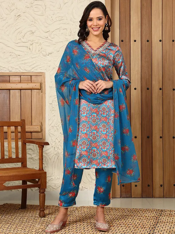 W sky blue silk printed kurti set