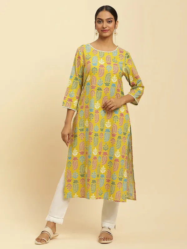 W yellow cotton printed kurti