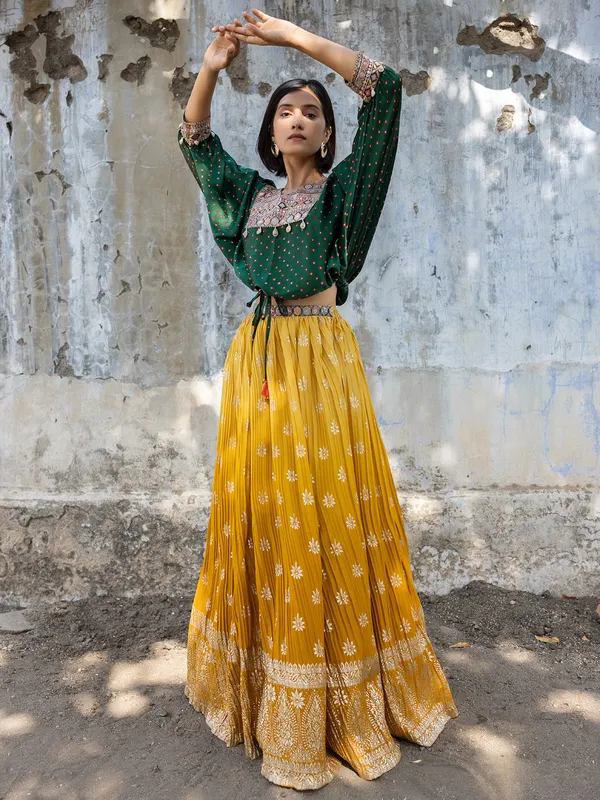 Wedding look green and yellow grorgette lehenga choli