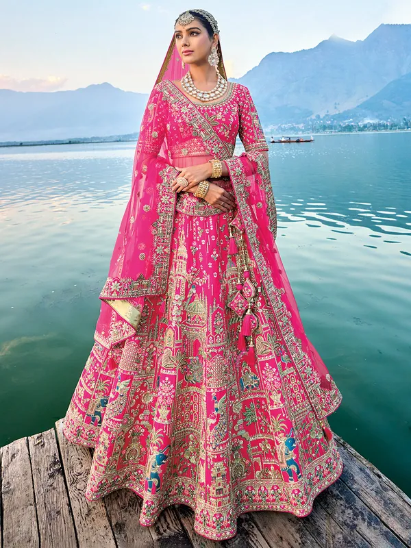 Wedding premium silk pink unstitched lehenga choli