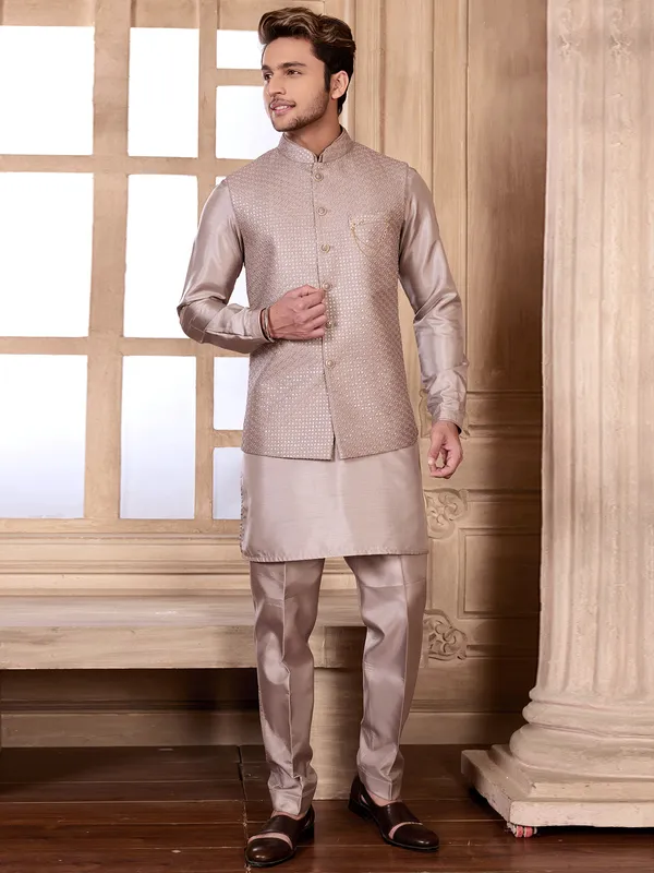 Wedding silk waistcoat set in fawn beige