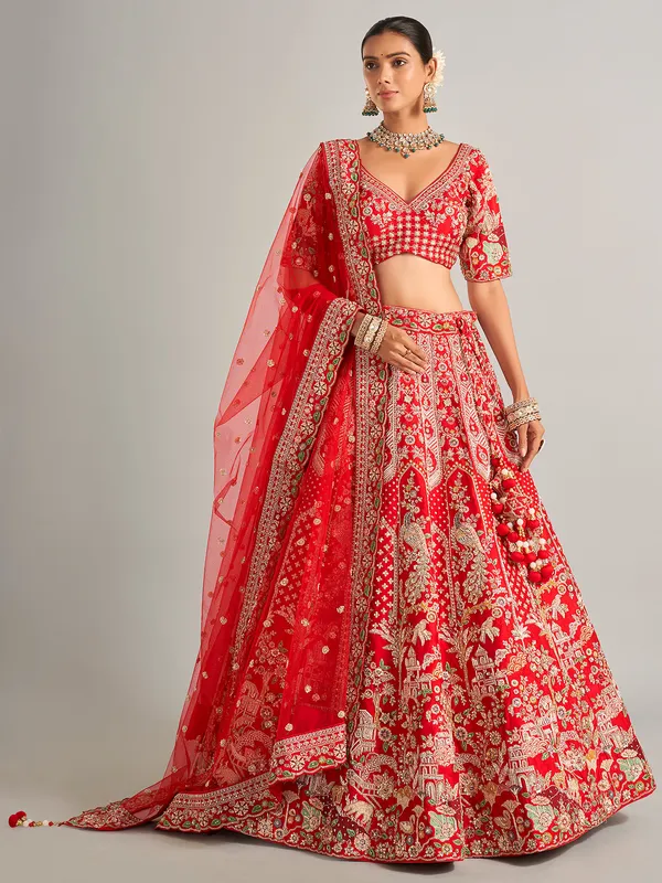 Wedding special red lehenga choli in raw silk