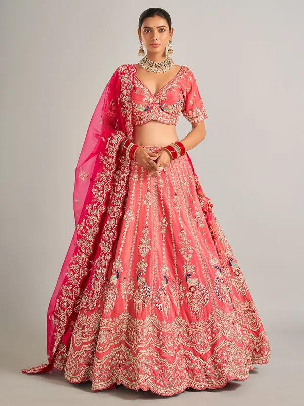 Wedding style coral pink silk lehenga choli