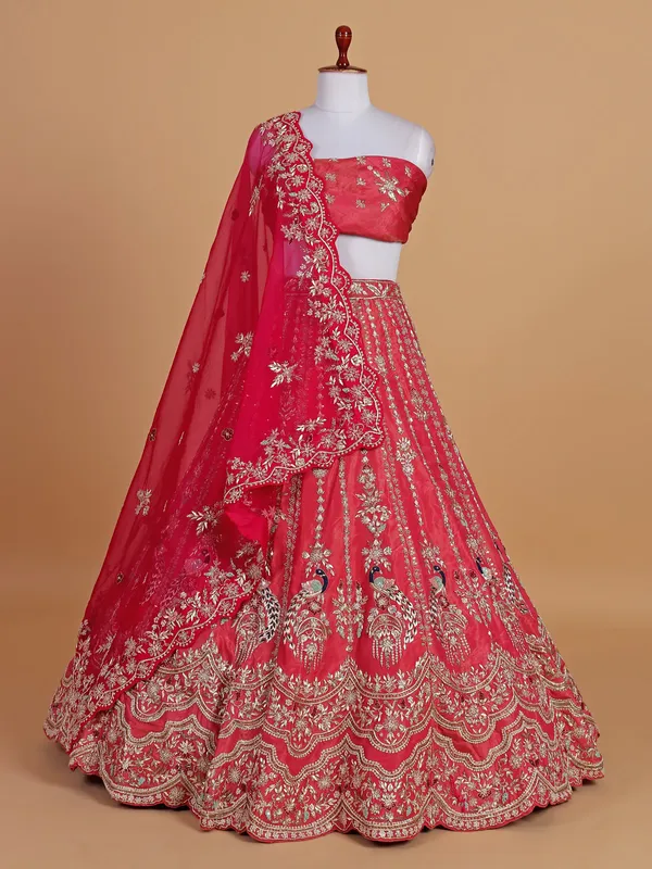 Wedding style coral red silk unstitched lehenga choli