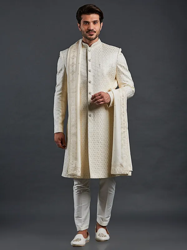 Wedding style cream raw silk sherwani for groom