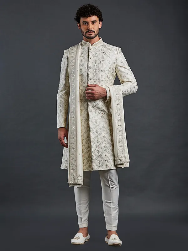 Wedding style cream raw silk sherwani with fine embroidery