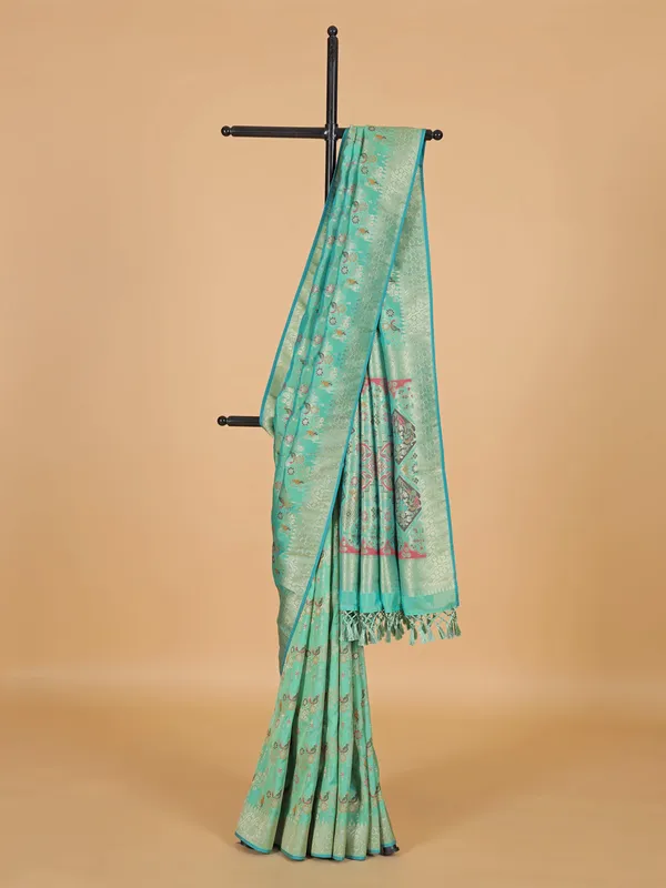 Wedding style mint green banarasi silk saree