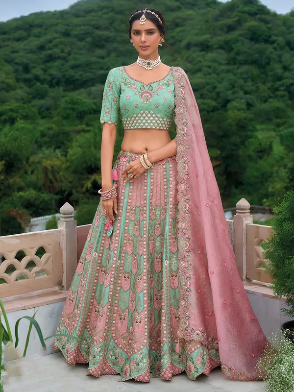 Wedding style onion pink silk lehenga choli