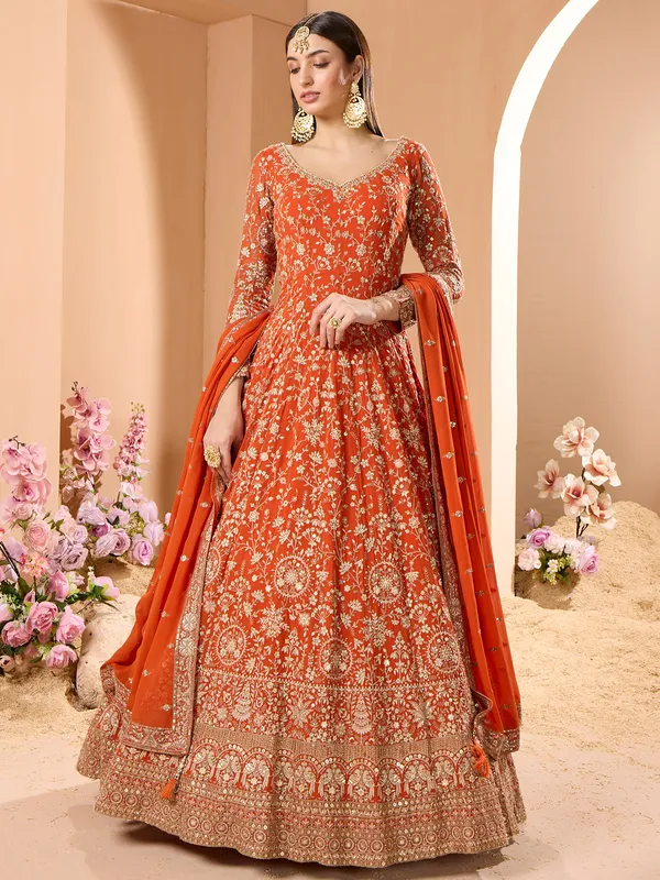 Wedding style orange georgette anarkali suit