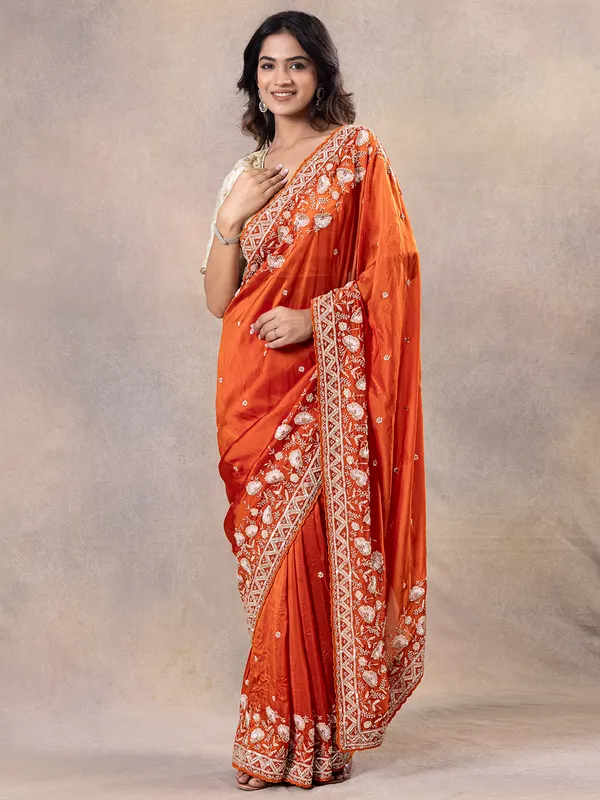 Wedding style orange silk saree