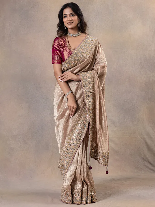 Wedding style peach silk zari weaving saree
