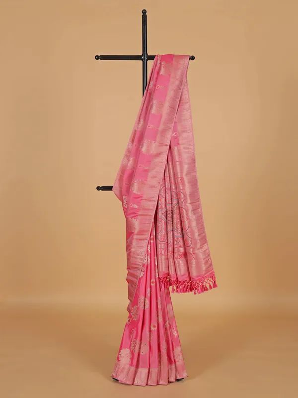 Wedding style pink banarasi silk zari weaving saree