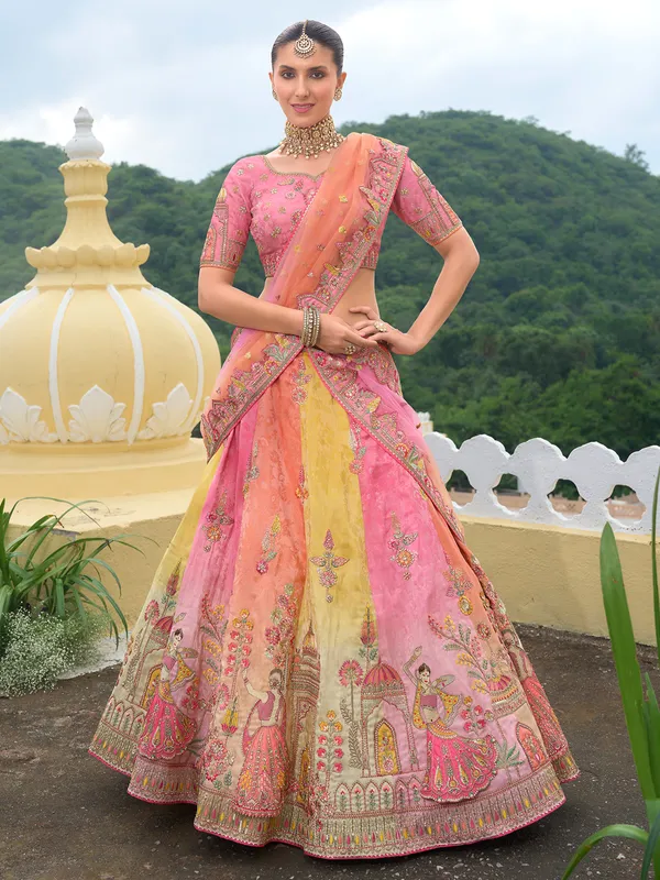 Wedding style pink silk unstitched lehenga choli