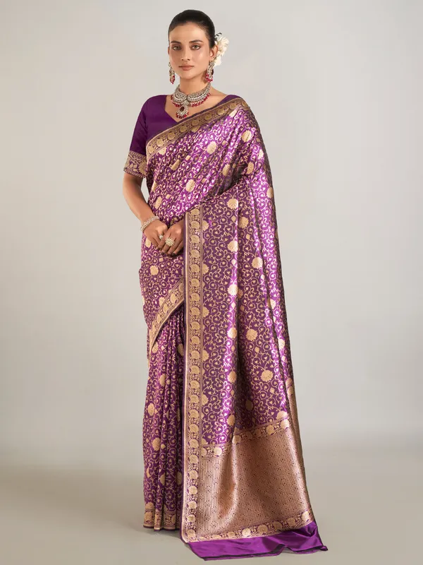 Wedding style purple banarasi silk saree