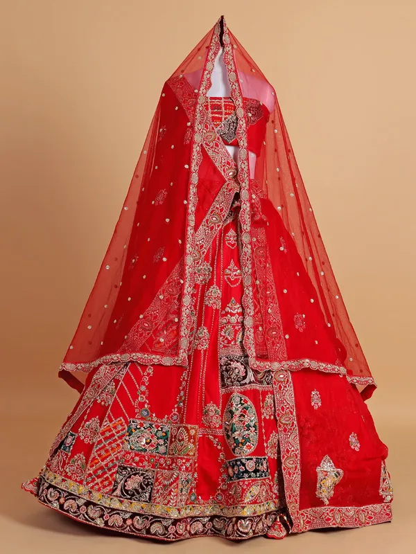 Wedding style red silk unstitched lehenga choli