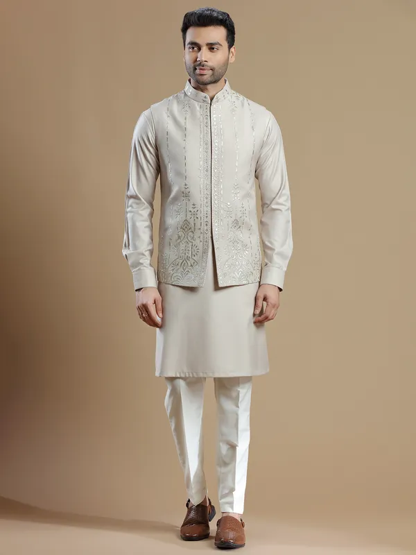 Wedding wear beige silk waistcoat set