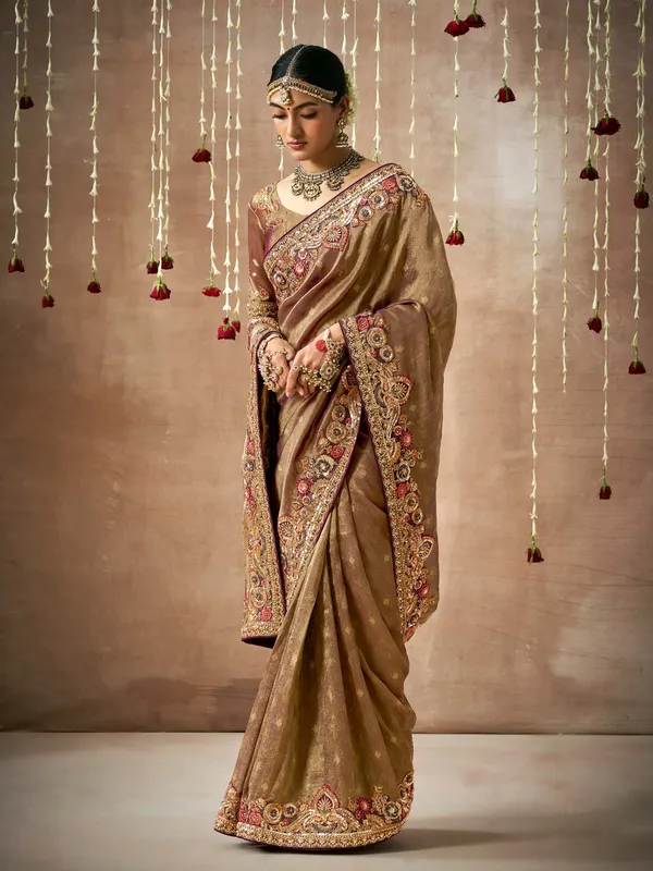 Wedding wear brown dola silk saree