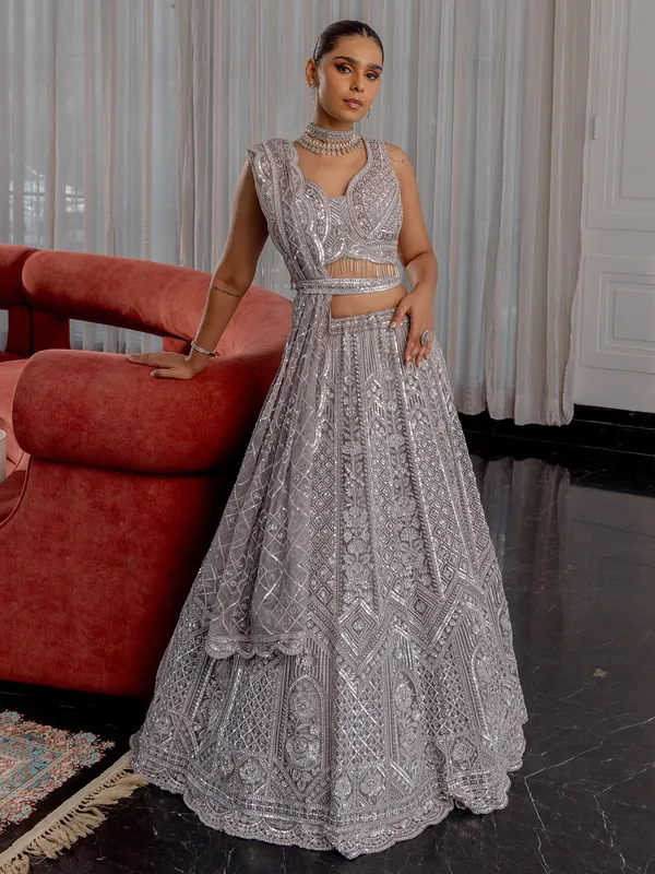 Wedding wear grey lehenga choli in net
