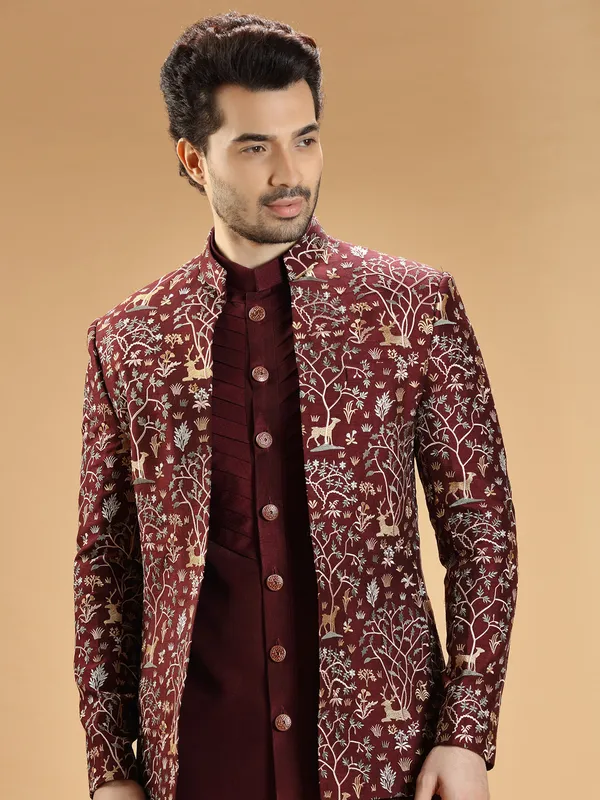 Wedding wear maroon silk indowestern