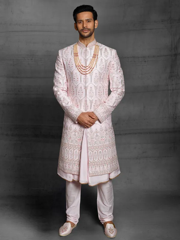 wedding wear pink colord silk sherwani for mens