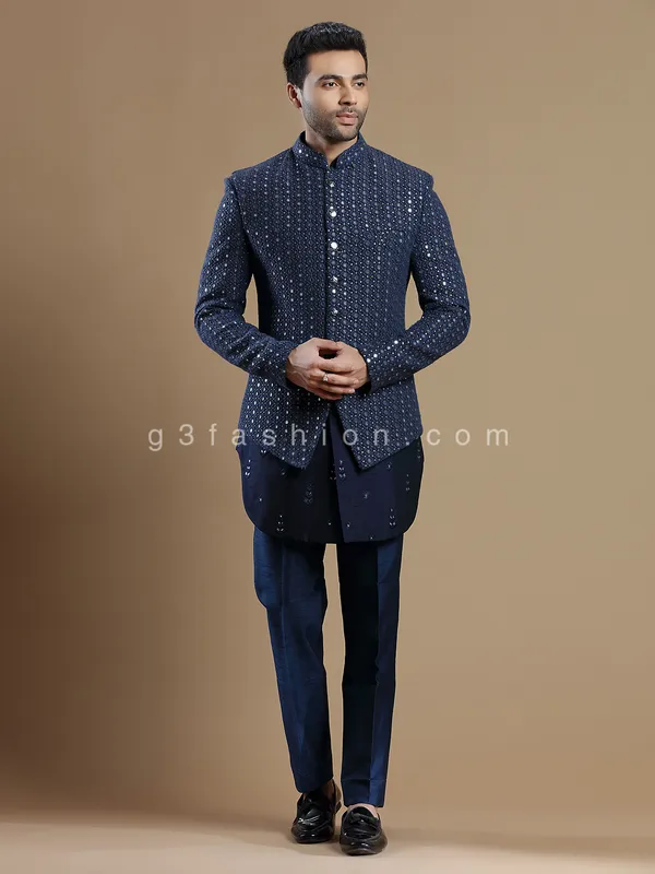 Wedding wear raw silk navy indowestern