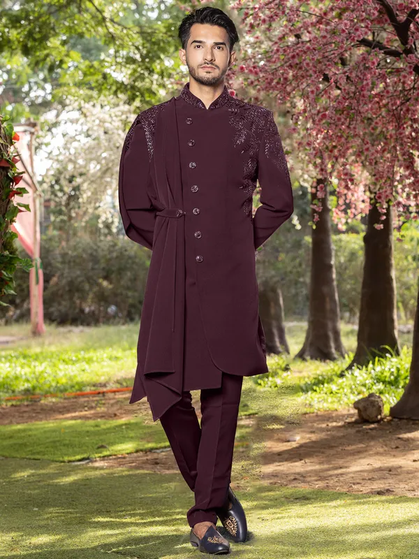 Wedding wear wine terry rayon indowestern