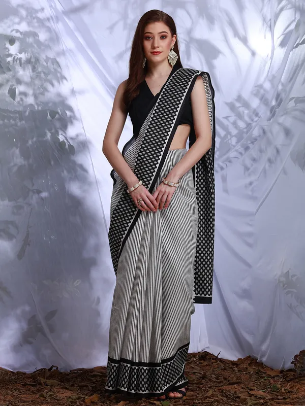 White and black bhagalpuri silk saree with prints