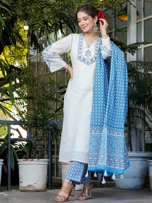 White and blue cotton kurti set