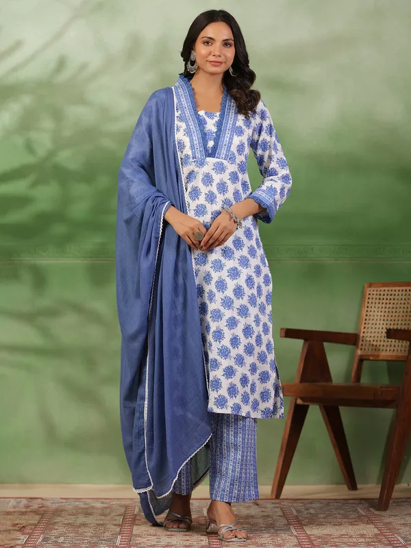 white and blue cotton kurti set for casual