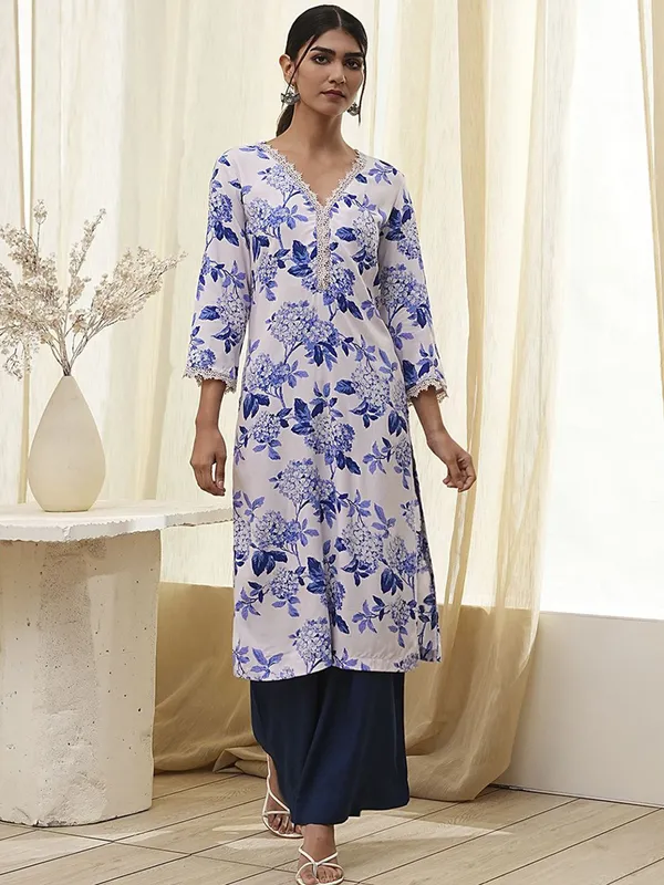 White and blue cotton silk printed kurti