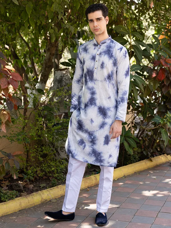 White and blue kurta suit with thread work