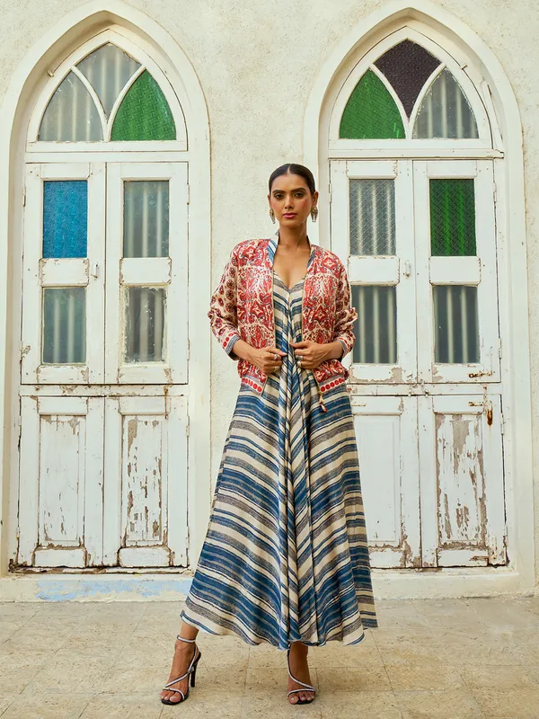 White and blue printed jacket style suit