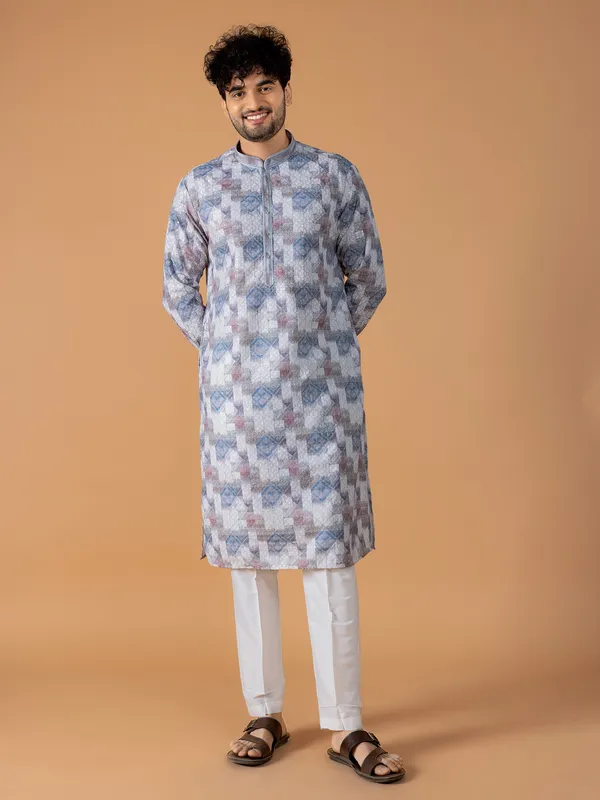 White and blue printed  Men Kurta pajama for festive