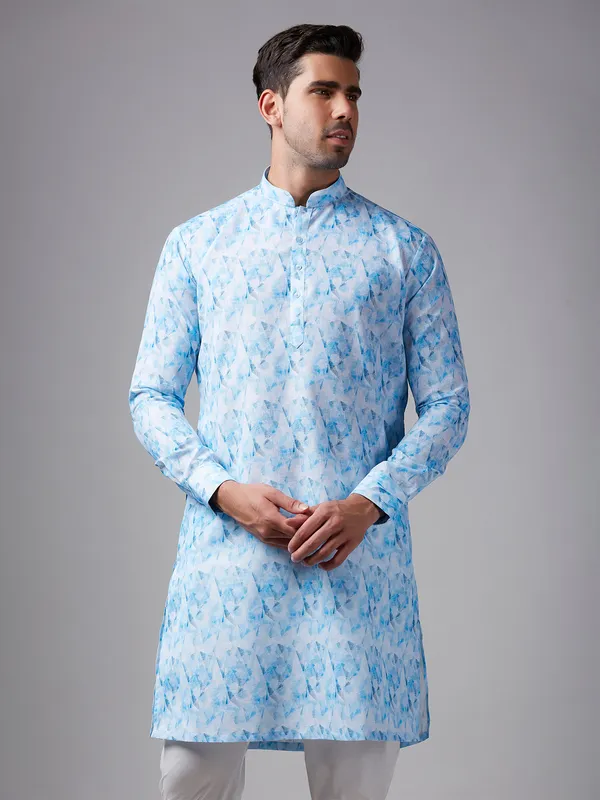 White and blue printed linen kurta suit