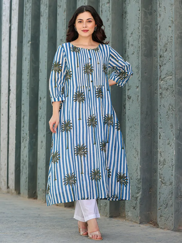 White and blue silk printed kurti set