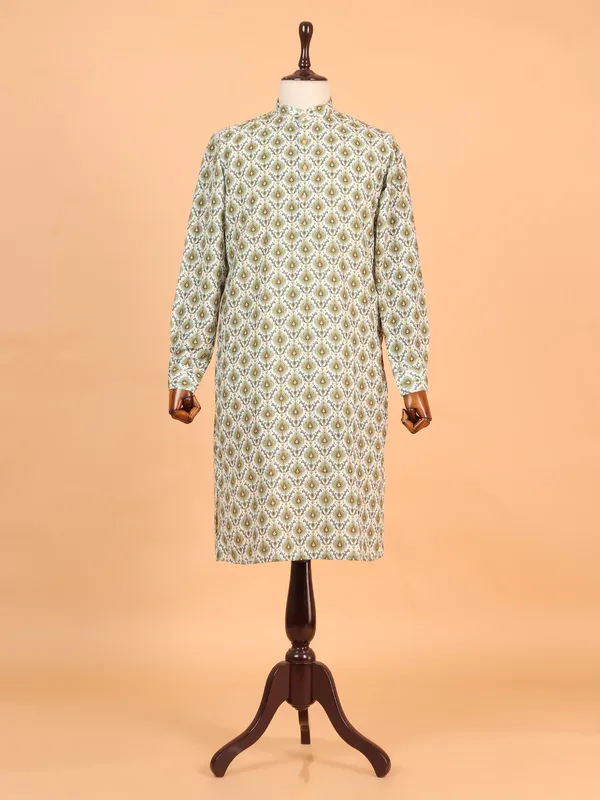 White and green printed cotton kurta for men