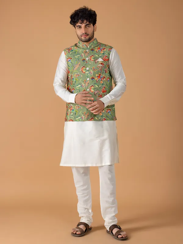 White and green silk waistcoat set