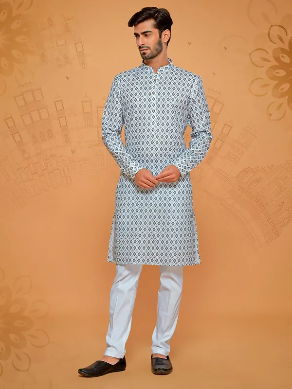 White and grey cotton printed kurta suit