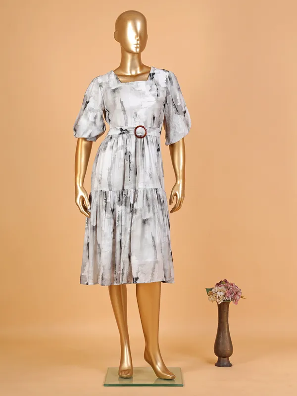 White and grey printed cotton dress