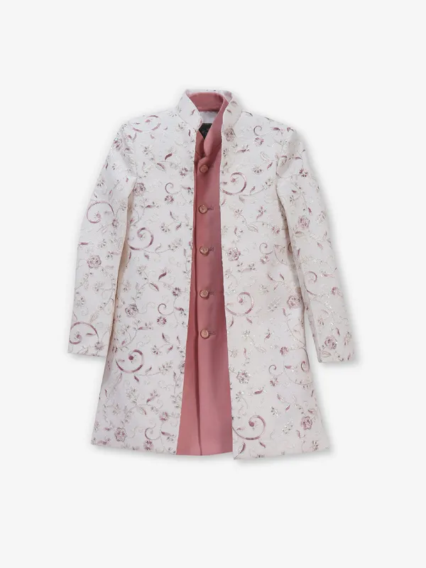 White and light pink silk indowestern set for boys