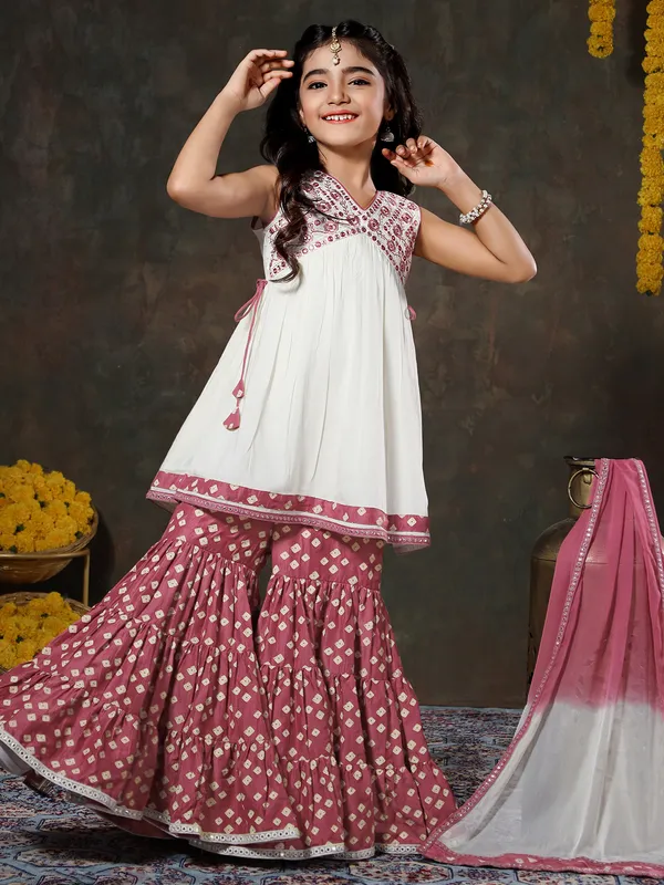 White and maroon rayon cotton sharara set
